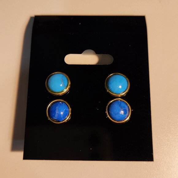 Two Pairs of Flat Rounded Stud Earrings - Light Blue & Dark Blue Turquoise Style - Picture 1 of 3